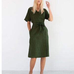 Love & Confuse 100% Linen Forest Green Wrap Dress Size S